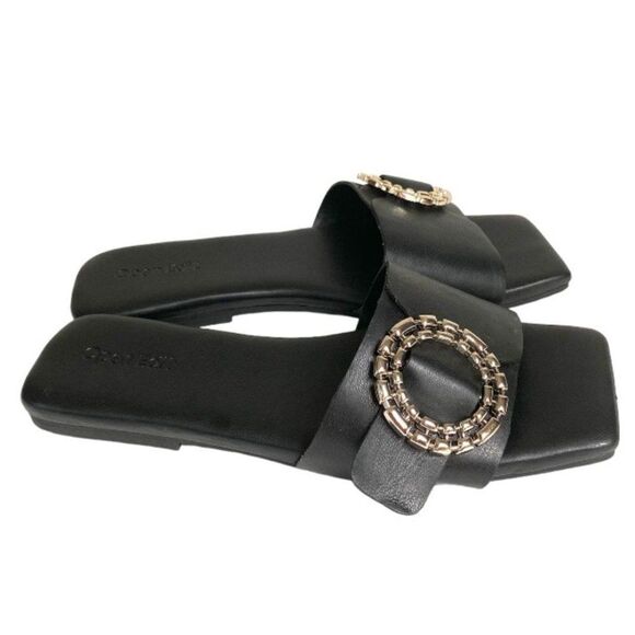 Open Edit Lely Slide Sandal Sliver Medallion Buckle 6.5 Black - Picture 2 of 8